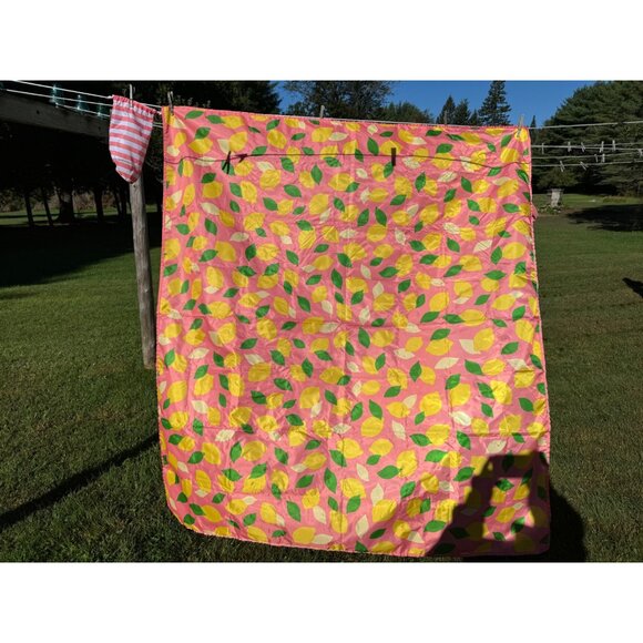 Kate Spade New York Pink Lemon Print Picnic Blanket Sheet With Striped Carrying - Picture 2 of 7